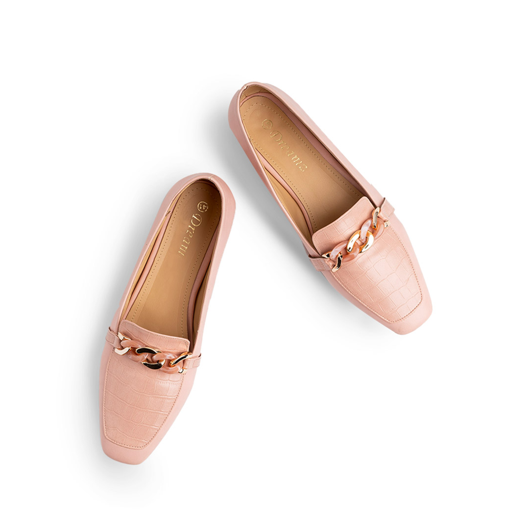 Plain × Croco Leather Women Pointy Moc Toe Flats With Low Heel - Pink