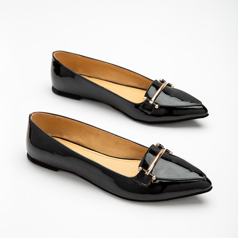 Shiny Verne Flat Shoes - Black