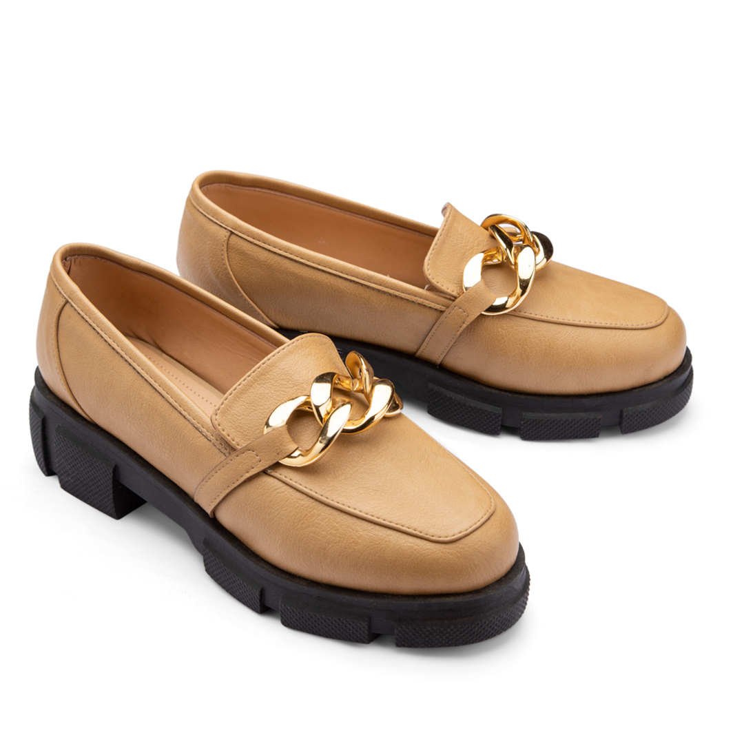 Plain Leather With Chain Moc Toe Platform Loafers - Beige