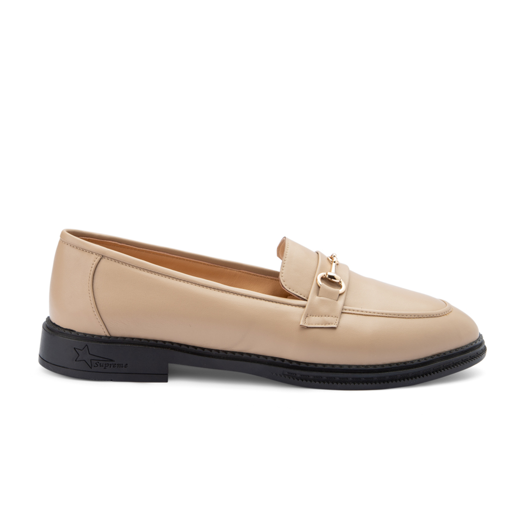 Plain Leather Women  Pointy Moc Toe Flats With Low Heel - Beige