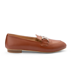 Plain Leather Women Pointy Moc Toe Flats With Low Heel & Golden Chain - Camel