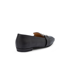 Plain Leather Women Square Toe Flats With Low Heel - Black