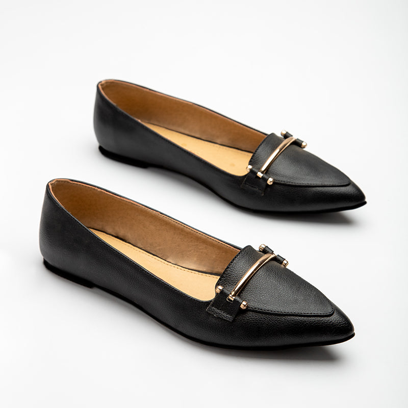 Plain Leather Flats With Accessory - Black