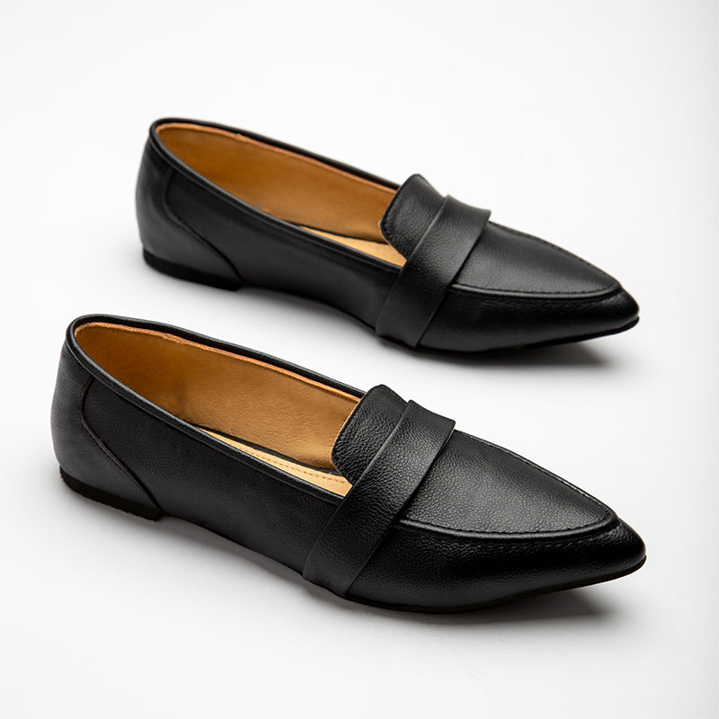 Plain Leather Strap Pointy Toe Flats - Black