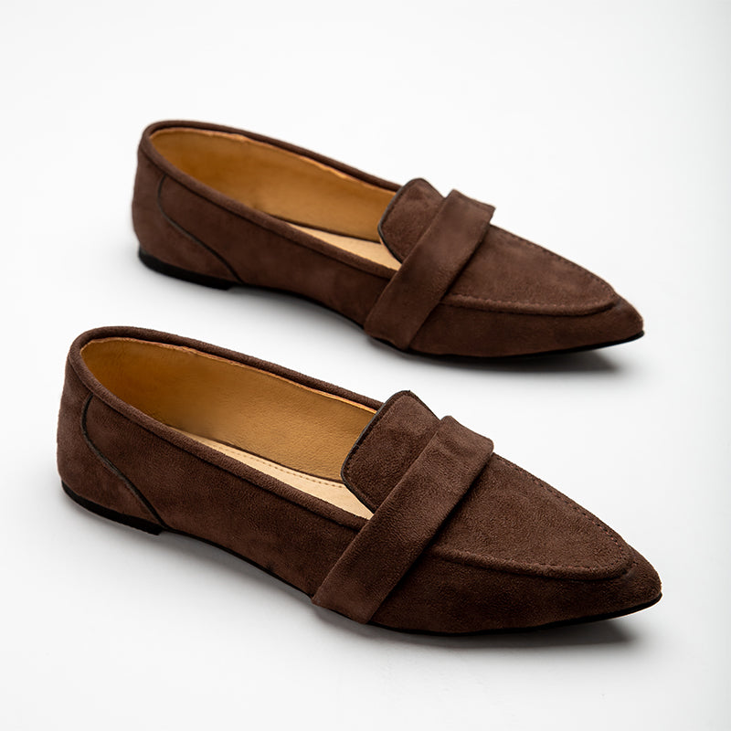 Full Suede Strap Pointy Toe Flats - Brown
