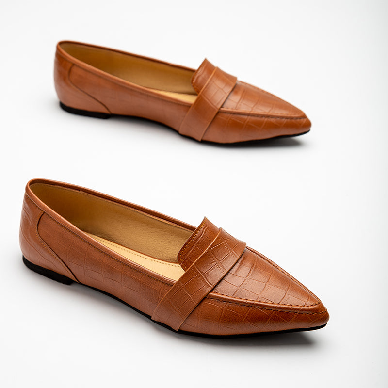 Croco Like Strap Leather Pointy Toe Flats - Camel