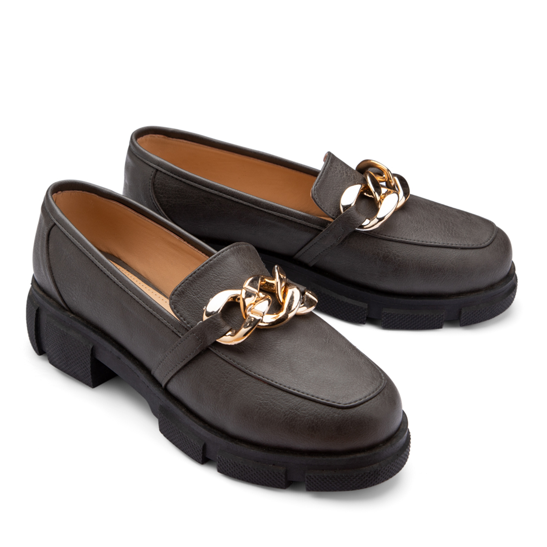 Plain Leather With Chain Moc Toe Platform Loafers - Dark Grey