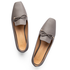 Plain Bow Tie Women Square Toe Flats With Low Heel - Gray