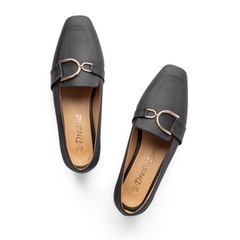 Plain Leather Women Square Toe Flats With Low Heel - Black