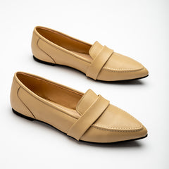 Plain Leather Strap Pointy Toe Flats - Beige
