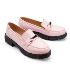Plain Leather Moc Toe Platform Loafers - Pink