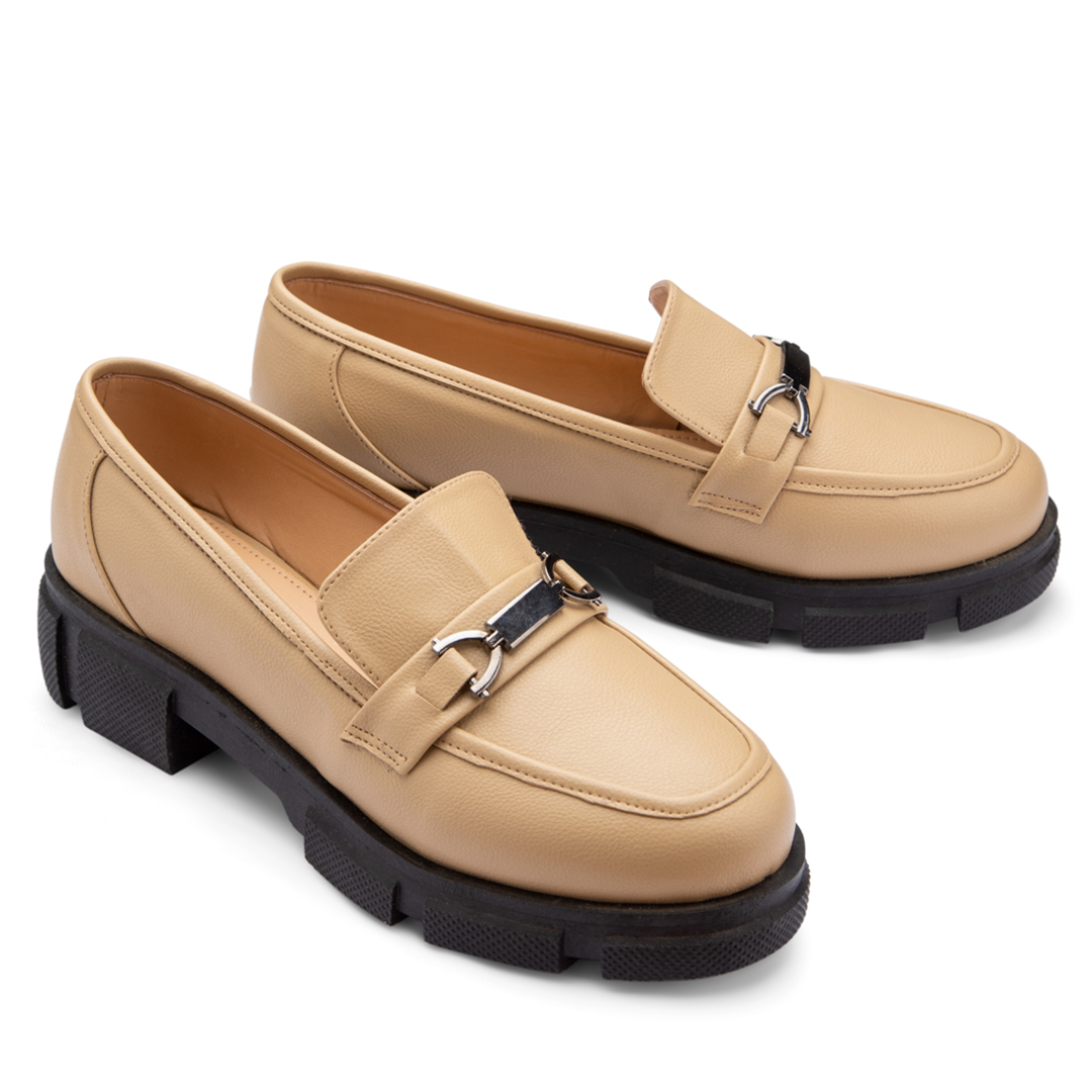 Plain Leather Moc Toe Platform Loafers - Beige