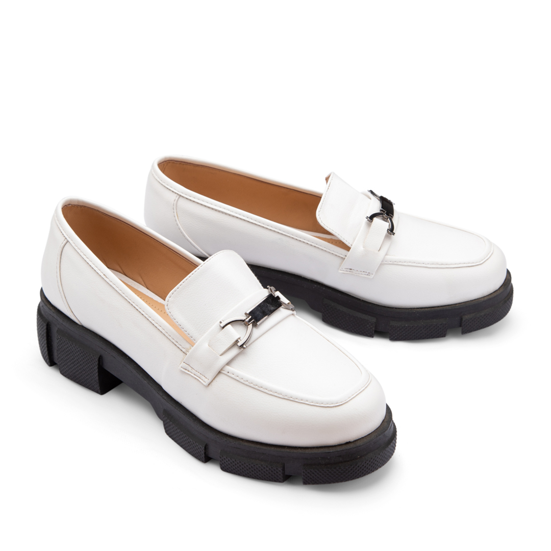 Plain Leather Moc Toe Platform Loafers - White