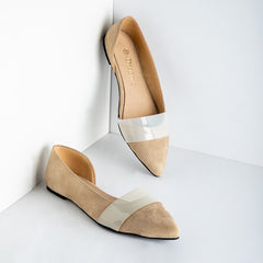 Side Opened Suede Strapped Flats - Beige