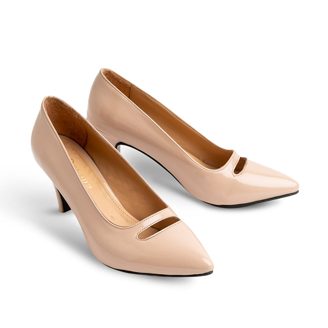 Plain Verne Front Opened 6 CM Stacked Heels - Beige