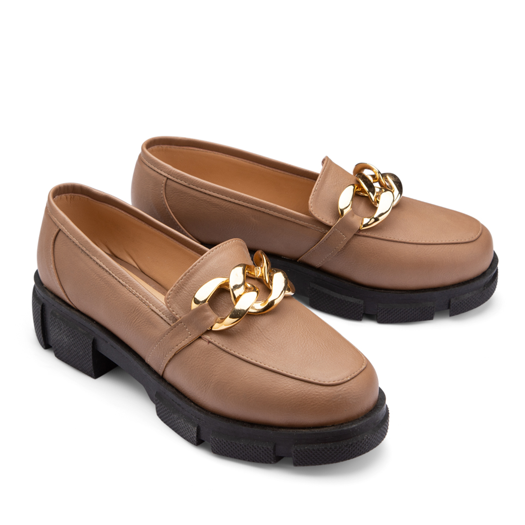 Plain Leather With Chain Moc Toe Platform Loafers - Cafe
