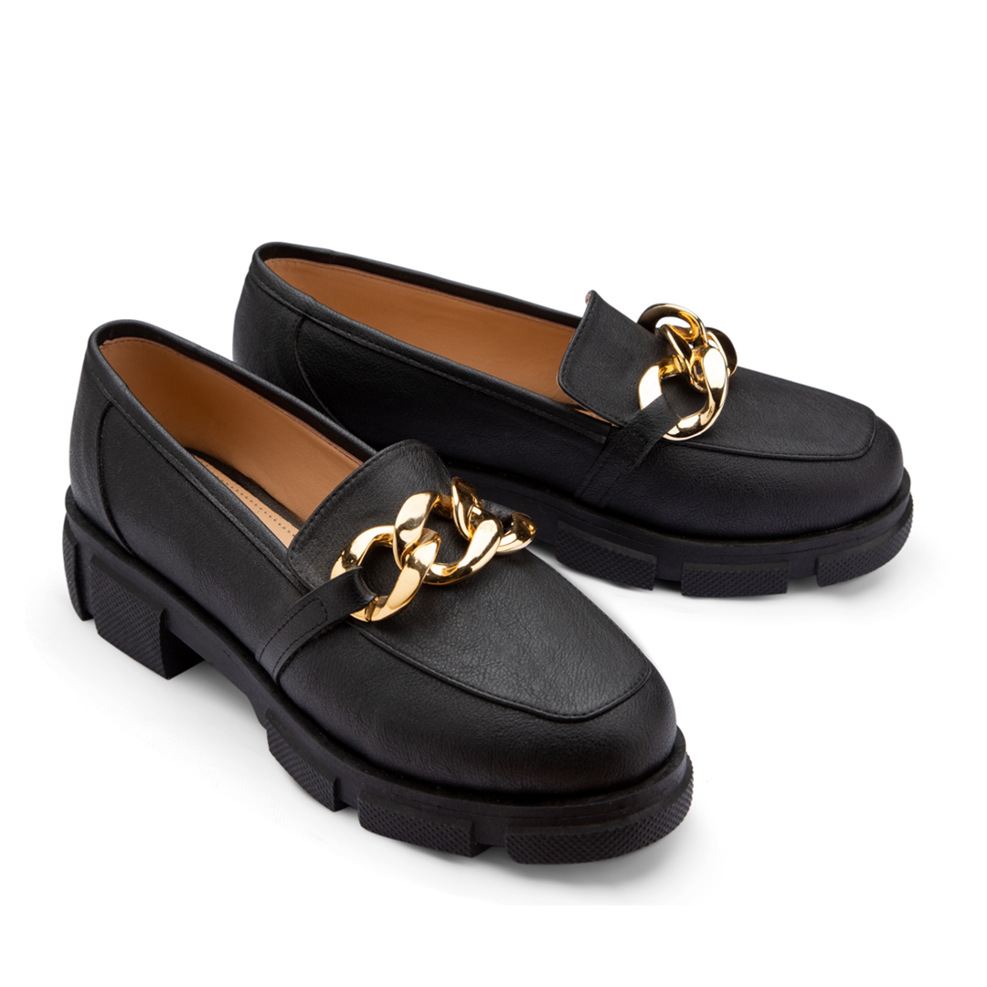 Plain Leather With Chain Moc Toe Platform Loafers - Black