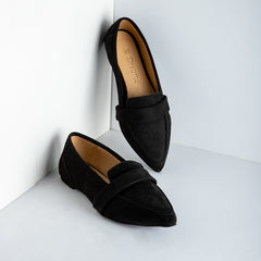 Full Suede Strap Pointy Toe Flats - Black