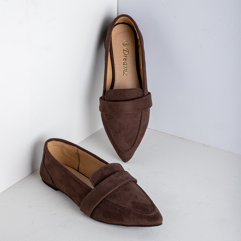 Full Suede Strap Pointy Toe Flats - Brown