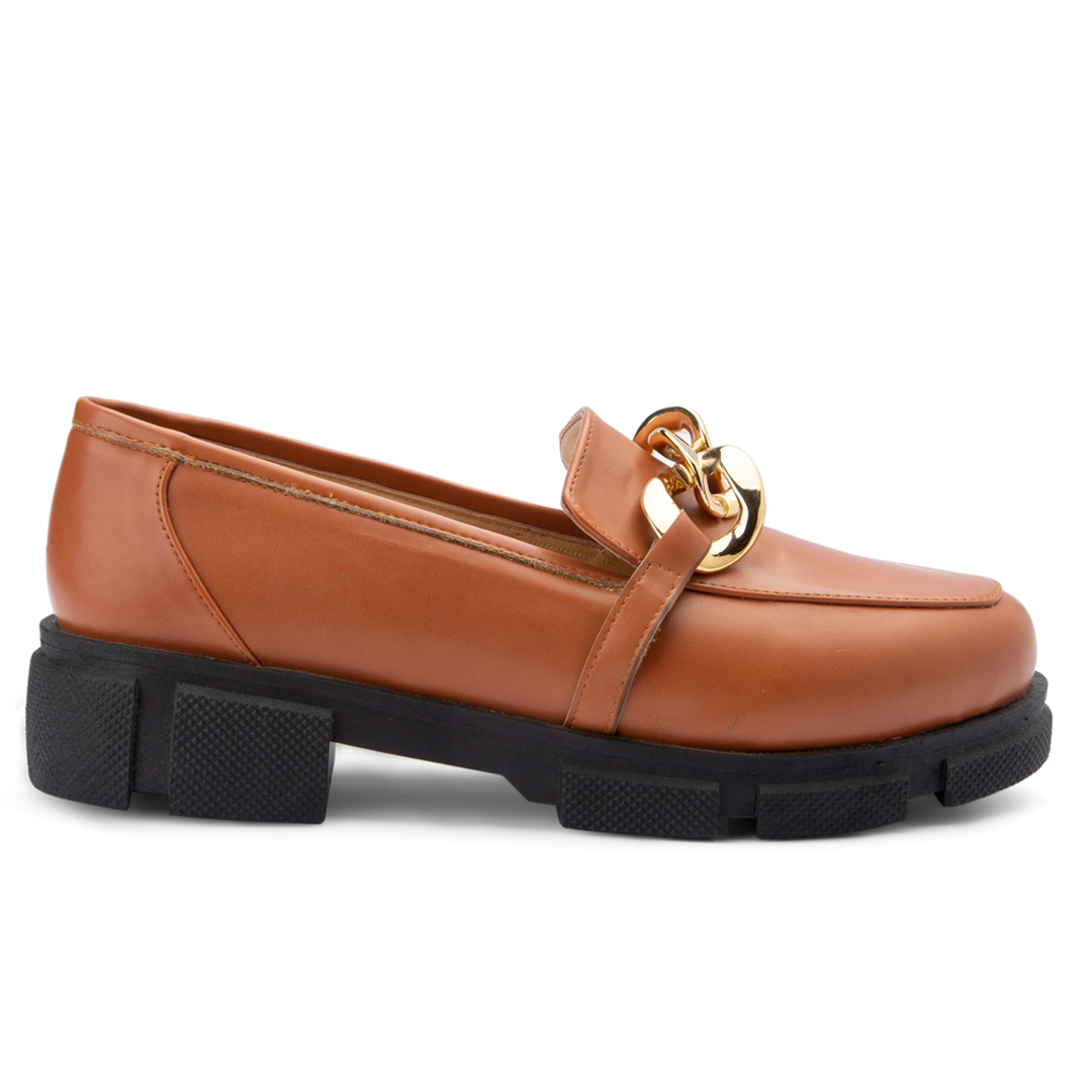 Plain Leather With Chain Moc Toe Platform Loafers - Camel