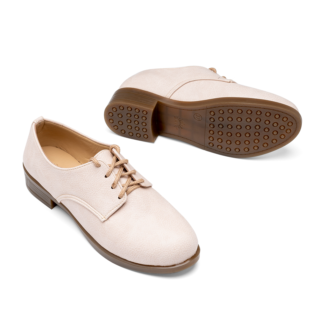 Oxford Plain Leather Women Shoes -Beige