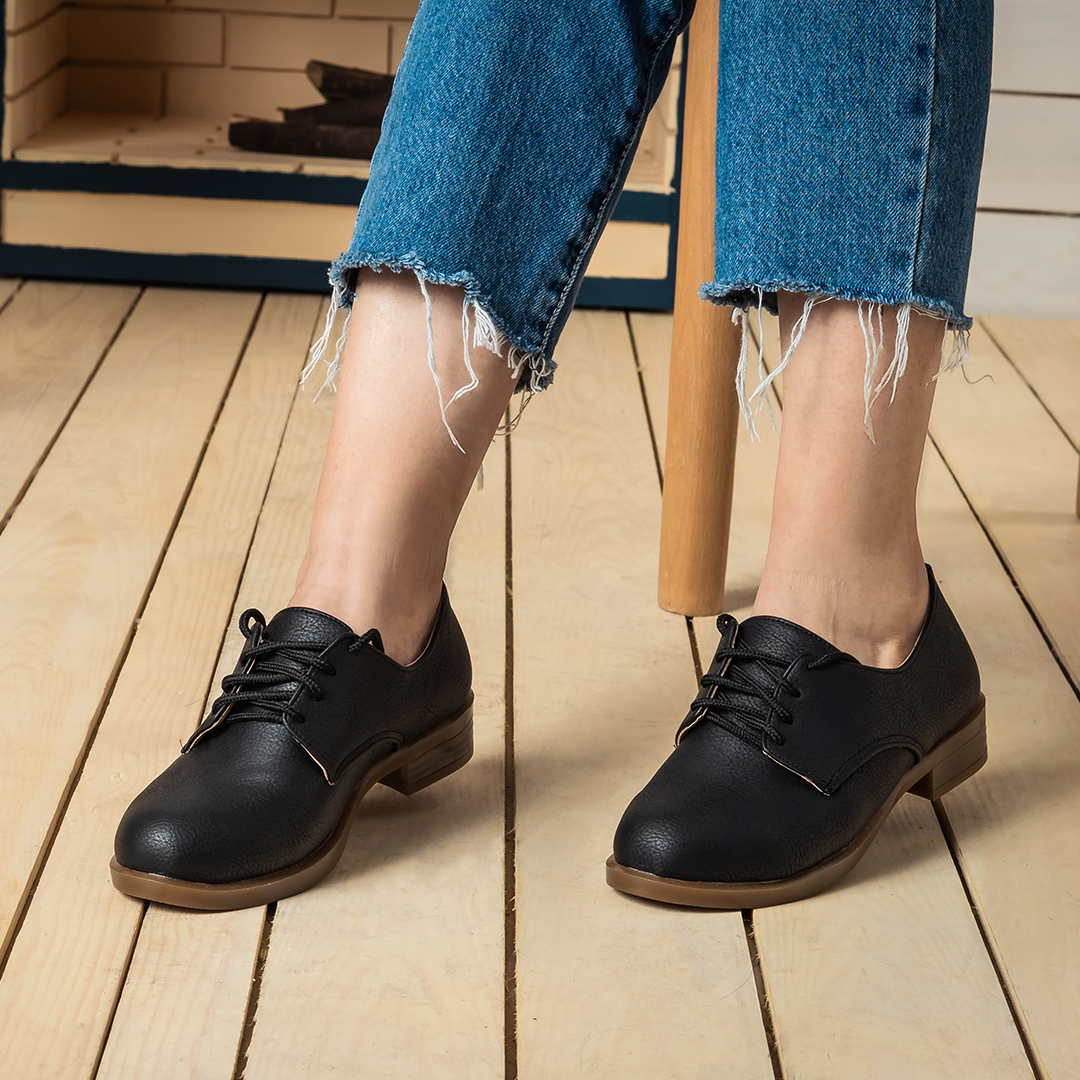 Oxford Plain Leather Women Shoes - Black