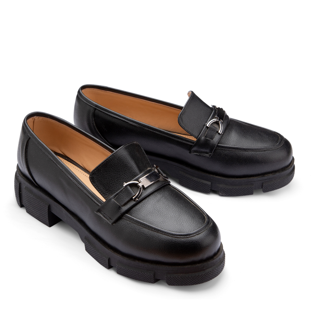 Plain Leather Moc Toe Platform Loafers - Black