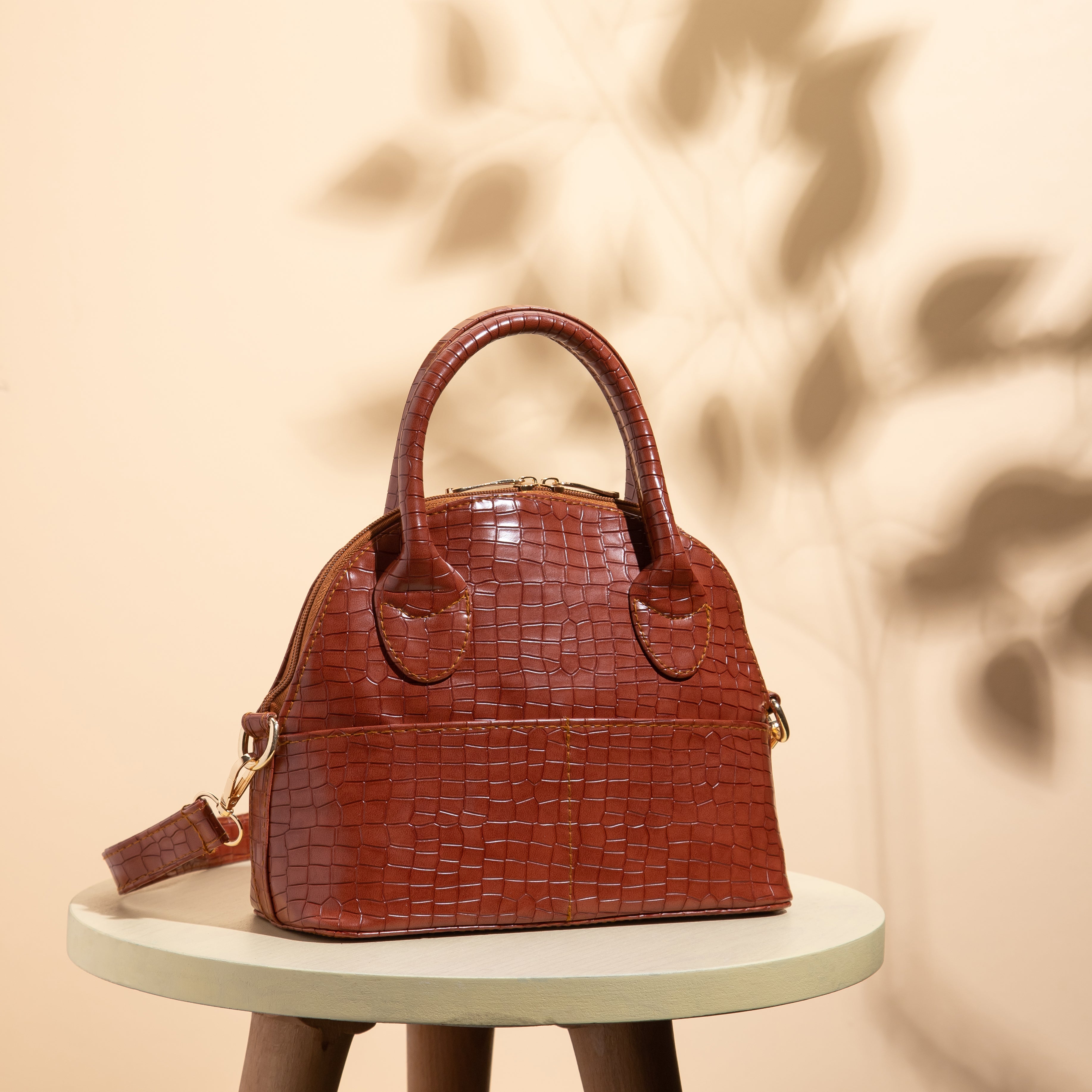 Croco Faux Leather Cross Bag - CAMEL