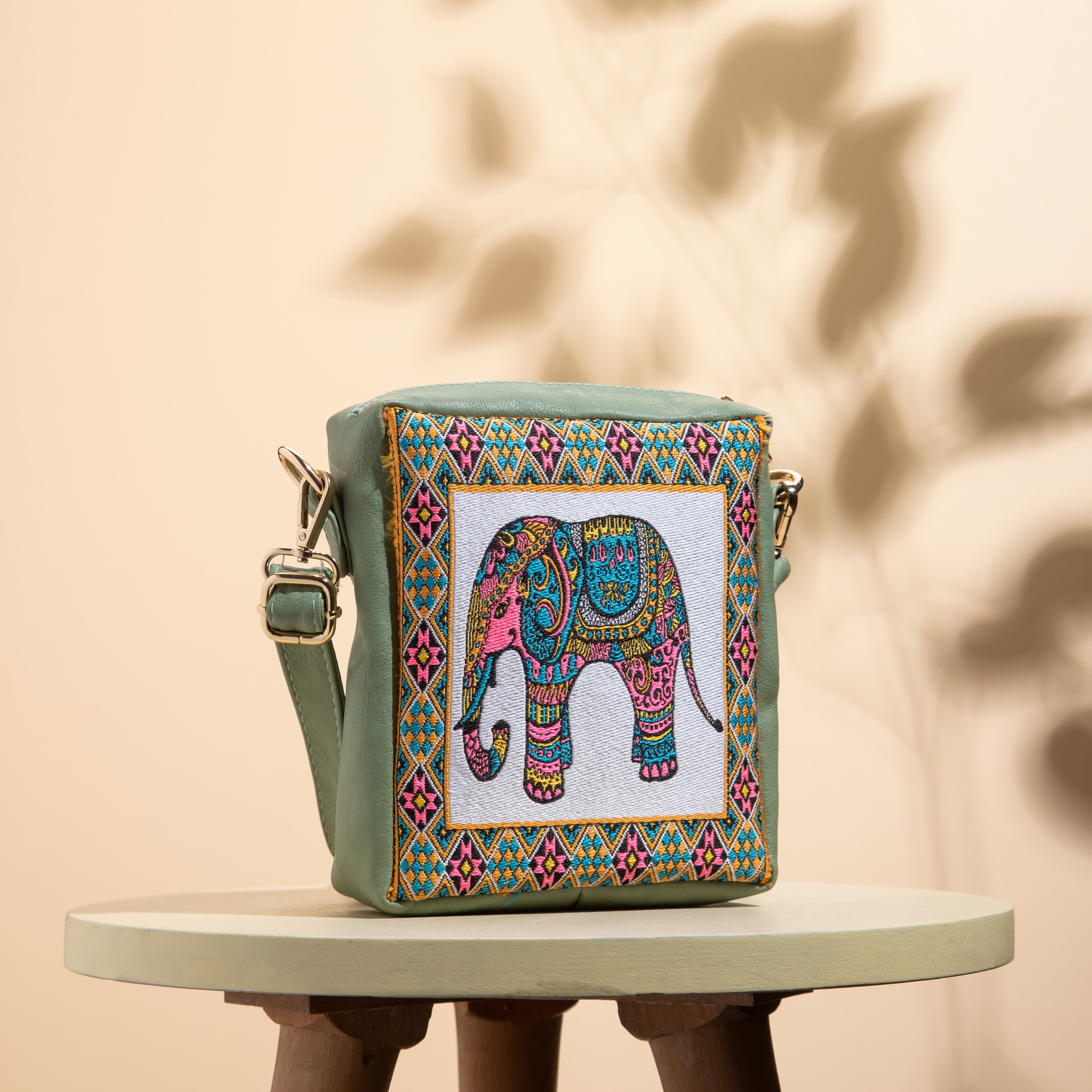 Tall Hand Mini Cross Bag With Elephant Textile - GREEN
