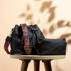 Plain Leather Bucket Bag With Extra Pocket - BLACK