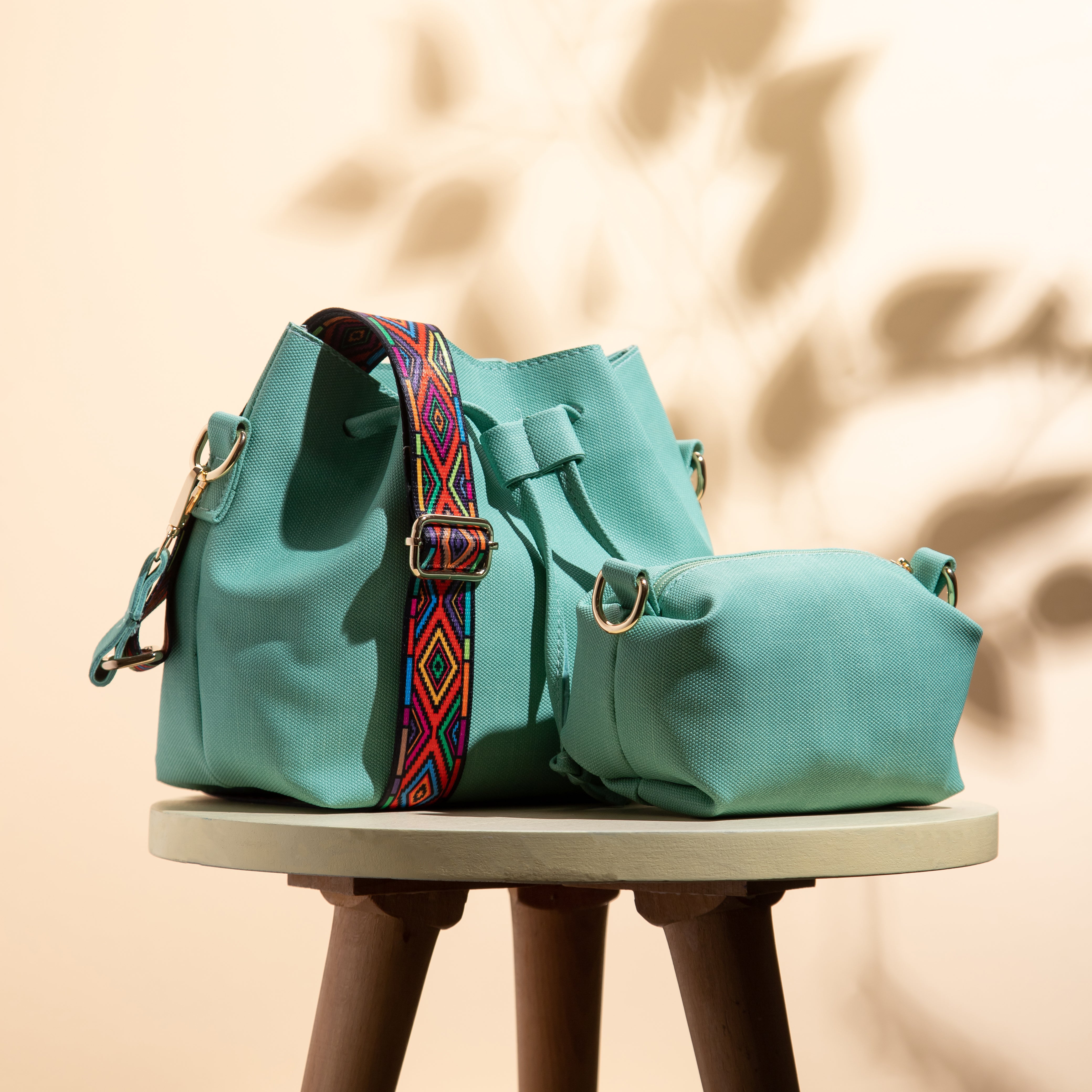 Plain Leather Bucket Bag With Extra Pocket - GREEN