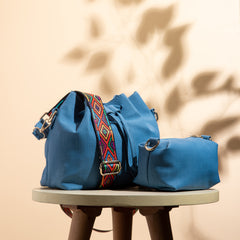 Plain Leather Bucket Bag With Extra Pocket - BLUE
