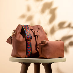 Plain Leather Bucket Bag With Extra Pocket - CAMEL