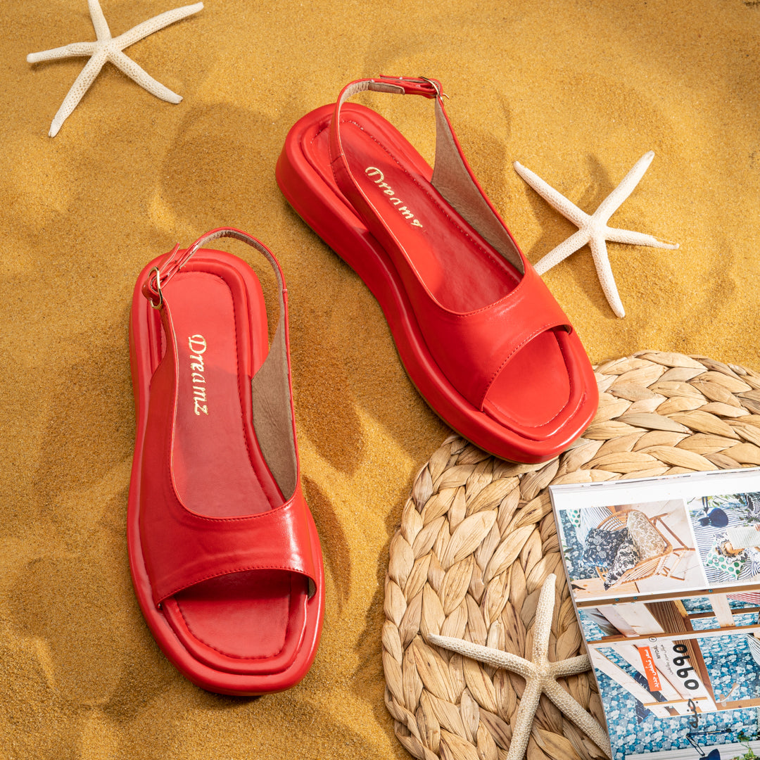 Comfy Plain Leather Sandals - Red