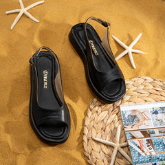 Comfy Plain Leather Sandals - Black