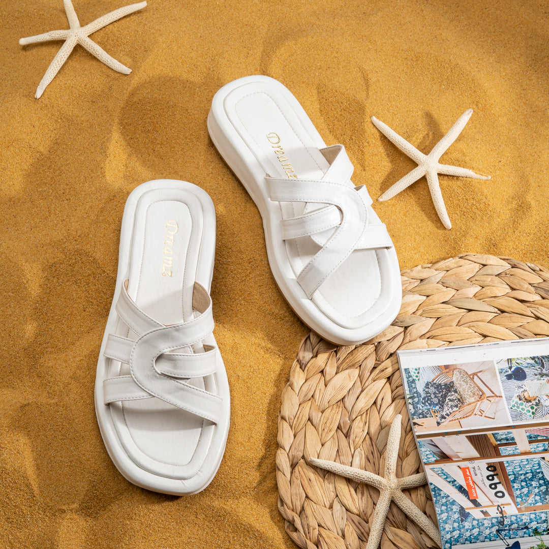 Stylish High Sole Double Layer Straps Slides - White