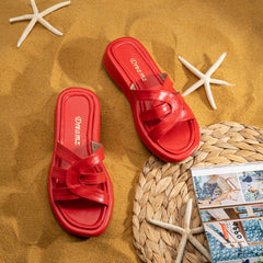 Stylish High Sole Double Layer Straps Slides - Red