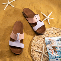 Comfy Footbed Mix Color Strap Leather Slides - Pink X Purple