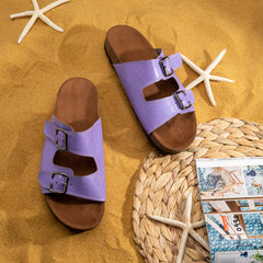 Summer Comfy Footbed Buckle Strap Leather Slides - Purple