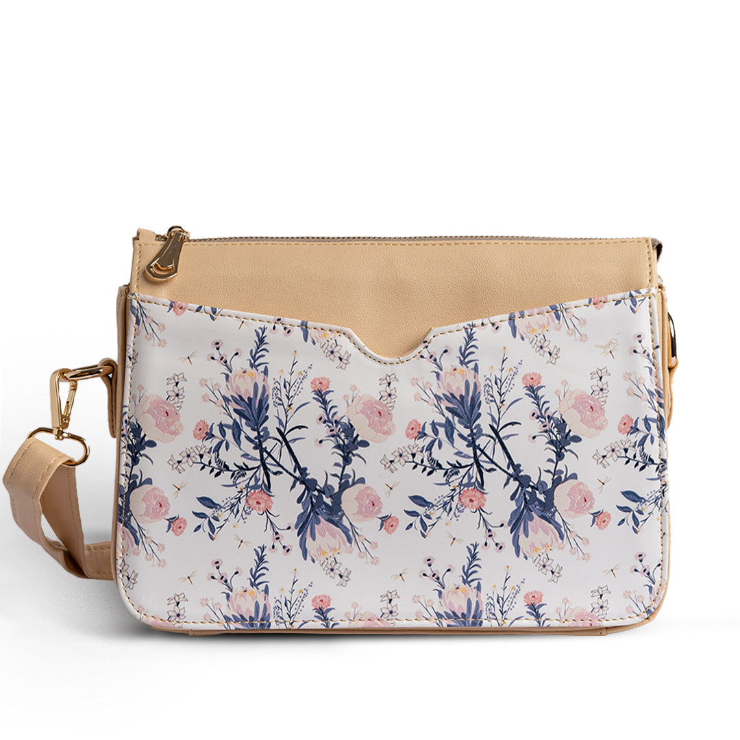 Printed Cross Bag [ Flowers ] - BEIGE