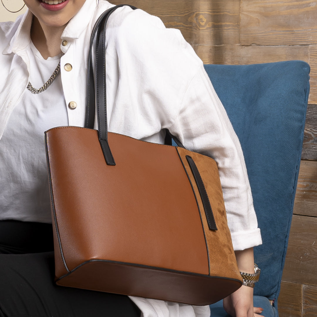 Plain Leather × Suede Rectangular Tote Bag - CAMEL