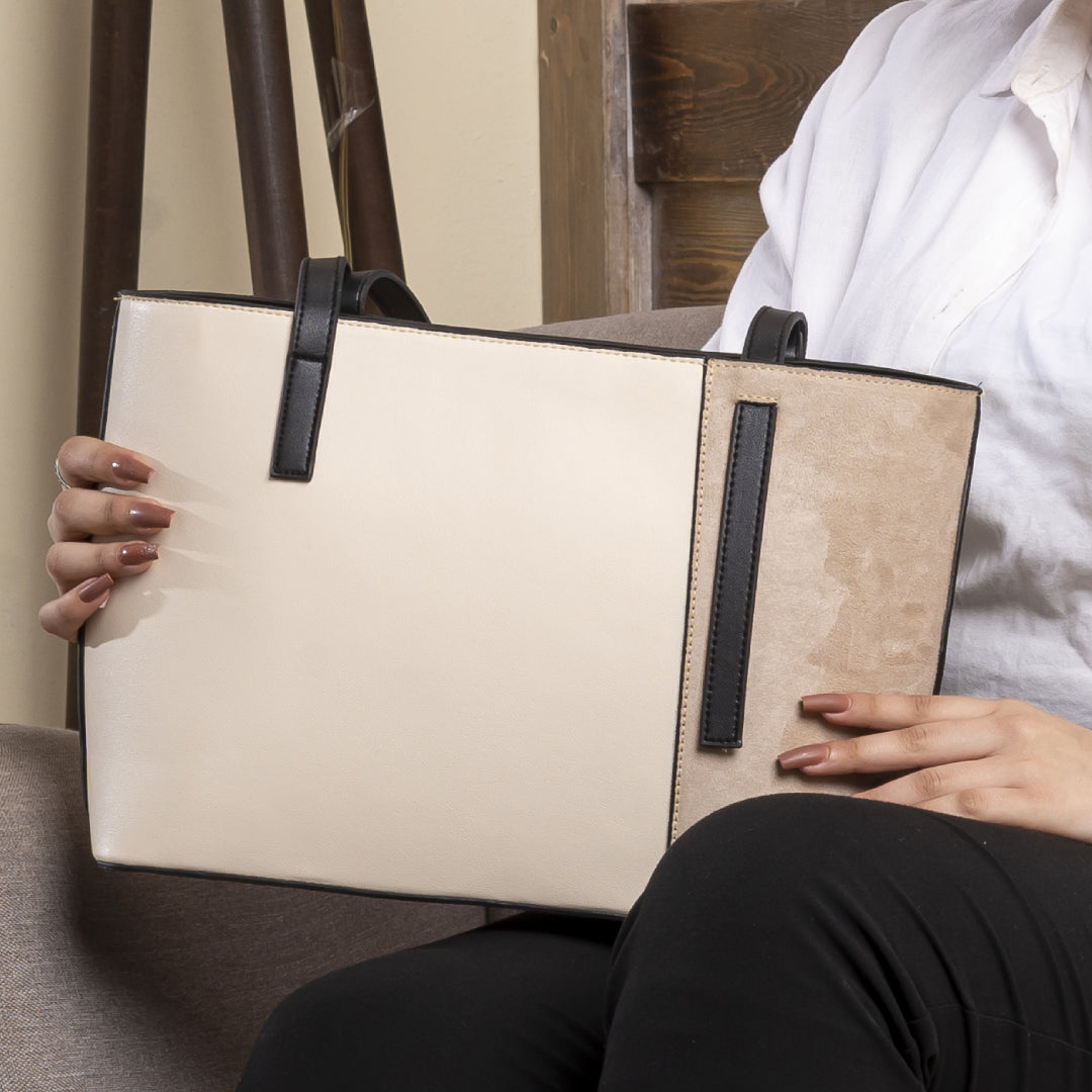 Plain Leather Ã— Suede Rectangular Tote Bag - BEIGE