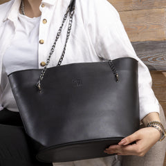 Plain Leather Tote Bag With Black Chain - BLACK