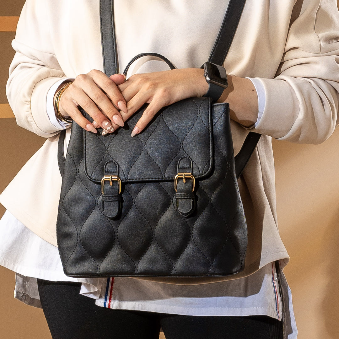 Trendy Rhombus Stitched Leather Backpack - Black