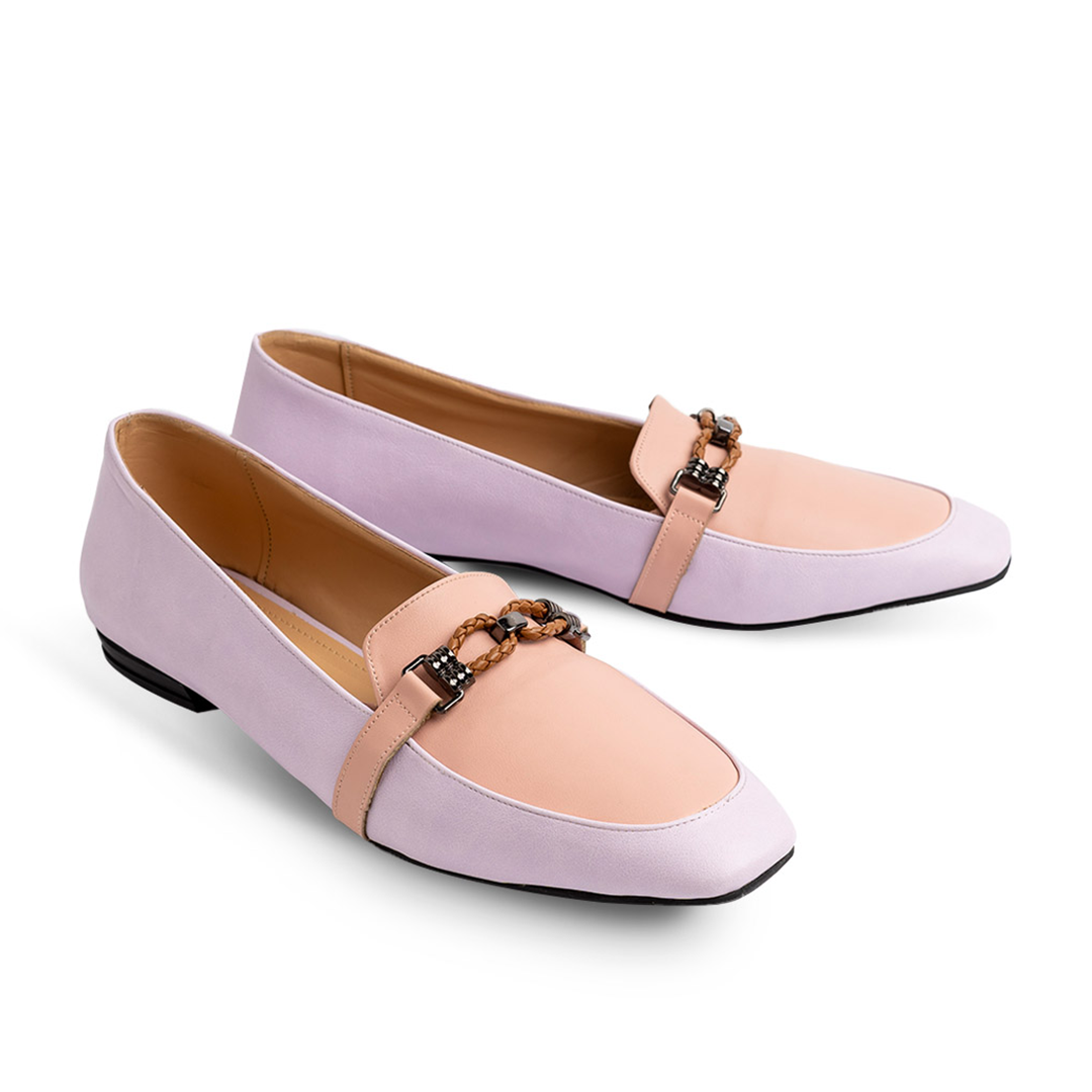 Double Layer Leather Women Pointy Moc Toe Flats With Low Heel - Purple