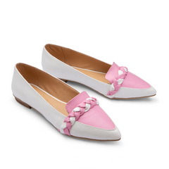 Double Color Plain Leather Women Braided Pointy Toe Flats - Pink