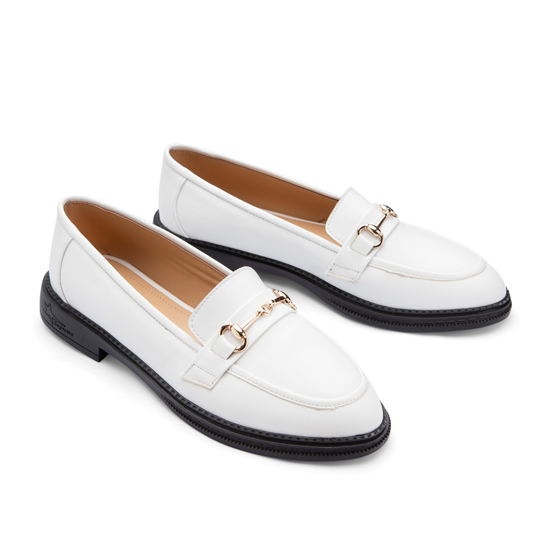 Plain Leather Women  Pointy Moc Toe Flats With Low Heel - White