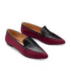 Leather × Suede Women Pointy Toe Flats With Low Heel - Maroon