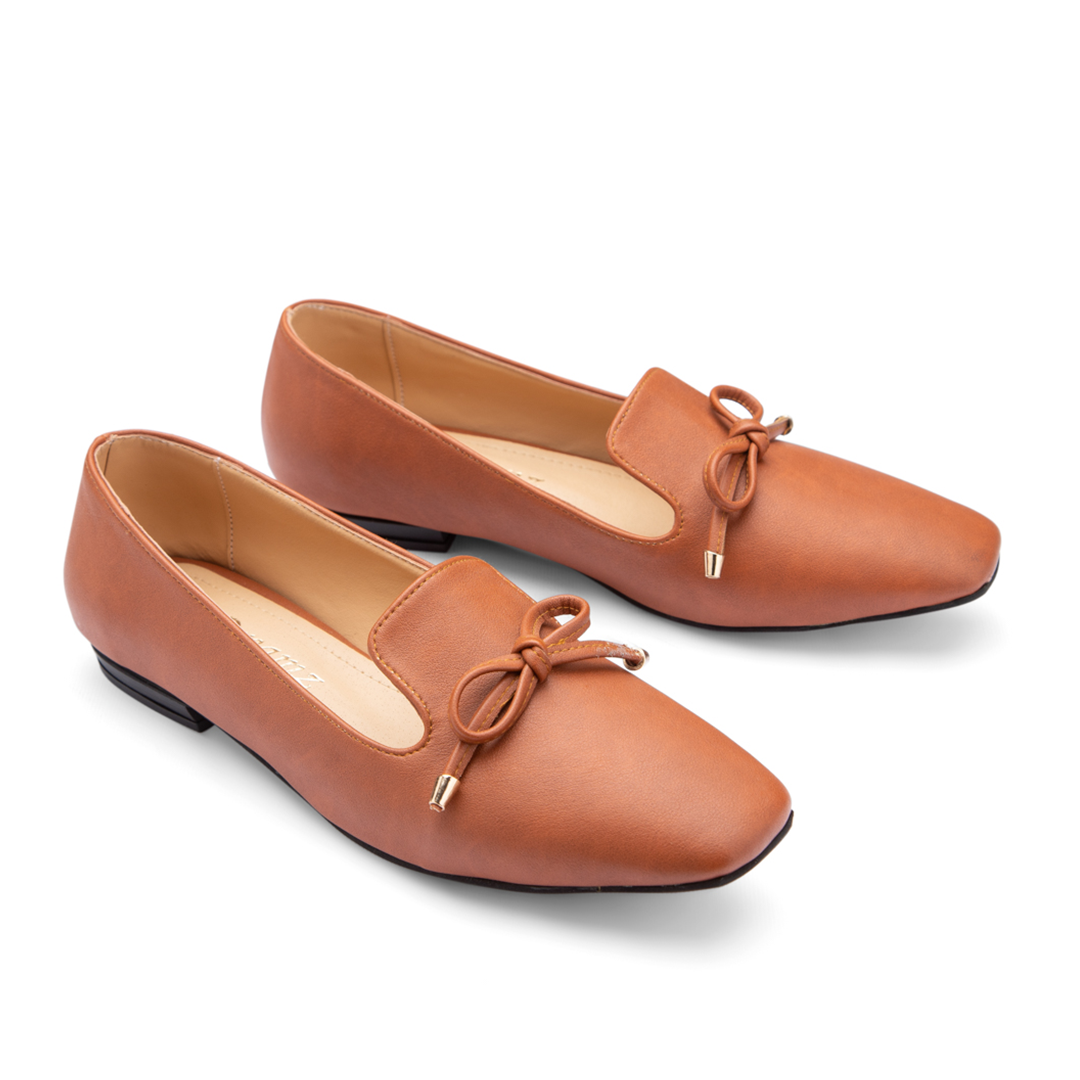 Plain Bow Tie Women Square Toe Flats With Low Heel - Camel