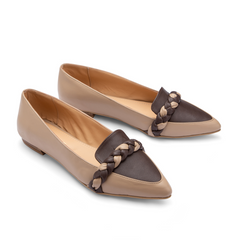 Double Color Plain Leather Women Braided Pointy Toe Flats - Brown